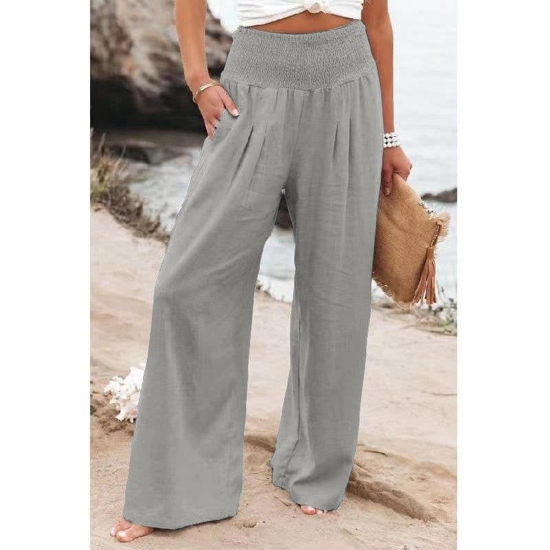 image-Cross-Border Independent Station Amazon 2023 Spring and Summer Women's Clothing Cotton Linen Pure Color Elastic Waist Wide Leg Pants Casual Pants Trousers