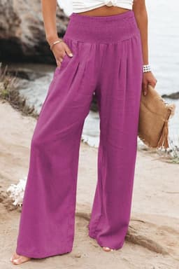 image-Cross-Border Independent Station Amazon 2023 Spring and Summer Women's Clothing Cotton Linen Pure Color Elastic Waist Wide Leg Pants Casual Pants Trousers