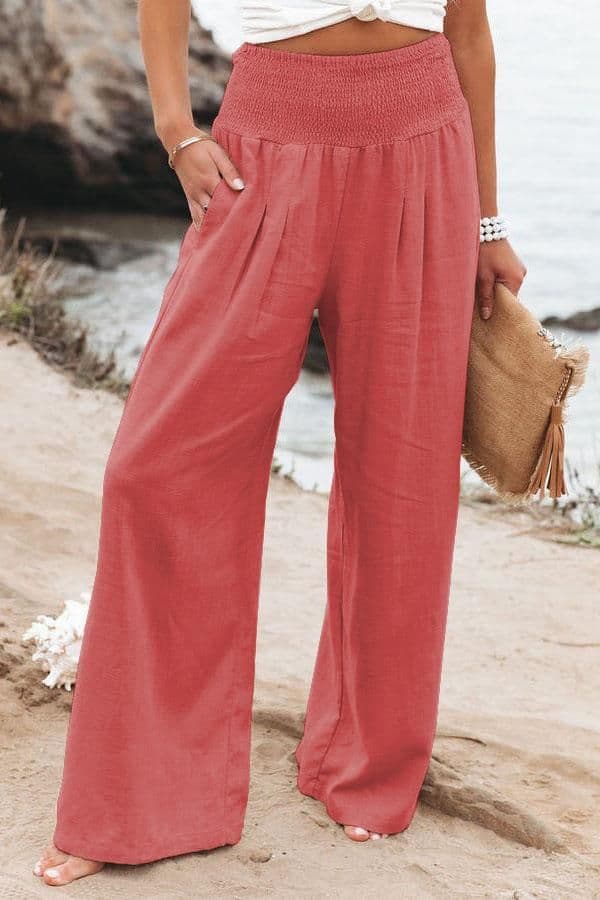 image-Cross-Border Independent Station Amazon 2023 Spring and Summer Women's Clothing Cotton Linen Pure Color Elastic Waist Wide Leg Pants Casual Pants Trousers