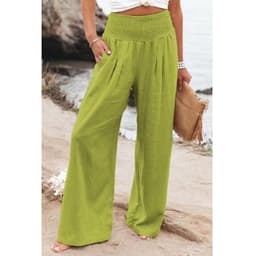 image-Cross-Border Independent Station Amazon 2023 Spring and Summer Women's Clothing Cotton Linen Pure Color Elastic Waist Wide Leg Pants Casual Pants Trousers