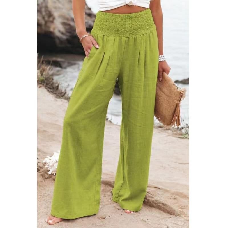 image-Cross-Border Independent Station Amazon 2023 Spring and Summer Women's Clothing Cotton Linen Pure Color Elastic Waist Wide Leg Pants Casual Pants Trousers