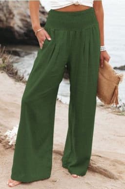 image-Cross-Border Independent Station Amazon 2023 Spring and Summer Women's Clothing Cotton Linen Pure Color Elastic Waist Wide Leg Pants Casual Pants Trousers