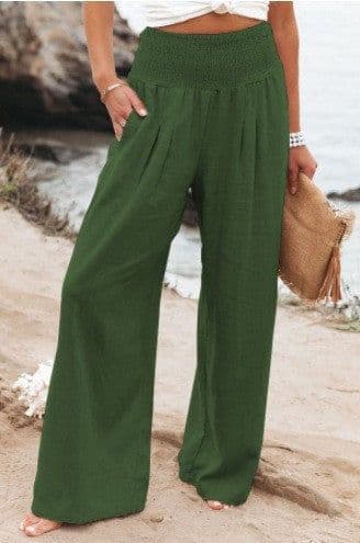 image-Cross-Border Independent Station Amazon 2023 Spring and Summer Women's Clothing Cotton Linen Pure Color Elastic Waist Wide Leg Pants Casual Pants Trousers