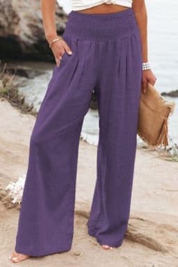 image-Cross-Border Independent Station Amazon 2023 Spring and Summer Women's Clothing Cotton Linen Pure Color Elastic Waist Wide Leg Pants Casual Pants Trousers