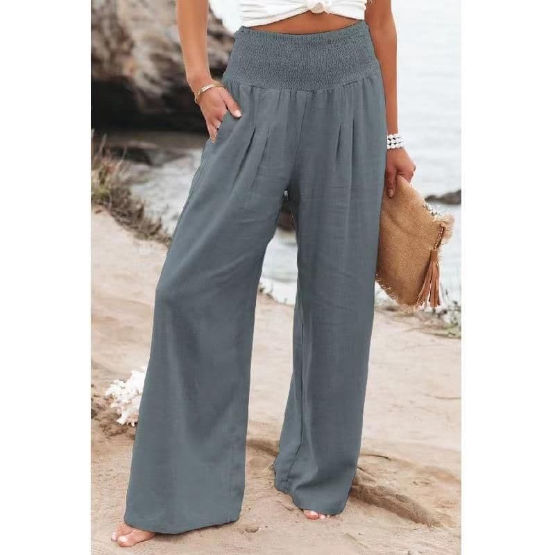 image-Cross-Border Independent Station Amazon 2023 Spring and Summer Women's Clothing Cotton Linen Pure Color Elastic Waist Wide Leg Pants Casual Pants Trousers