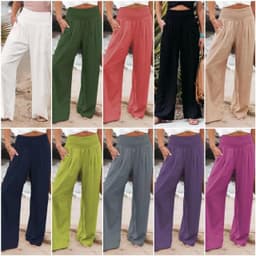 image-Cross-Border Independent Station Amazon 2023 Spring and Summer Women's Clothing Cotton Linen Pure Color Elastic Waist Wide Leg Pants Casual Pants Trousers