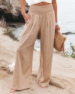 image-Cross-Border Independent Station Amazon 2023 Spring and Summer Women's Clothing Cotton Linen Pure Color Elastic Waist Wide Leg Pants Casual Pants Trousers
