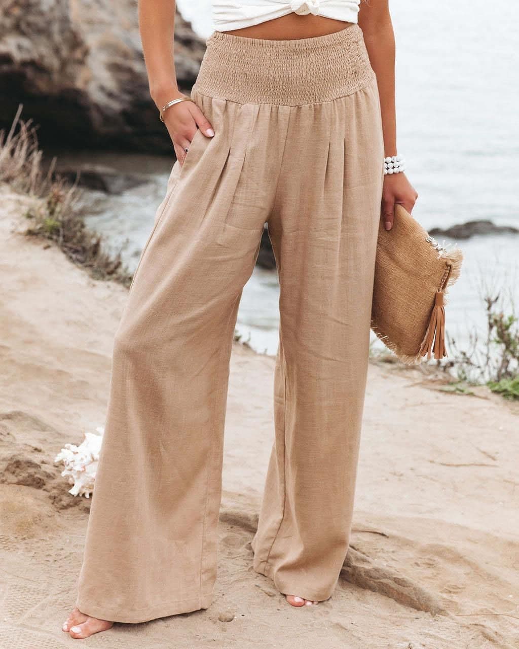 image-Cross-Border Independent Station Amazon 2023 Spring and Summer Women's Clothing Cotton Linen Pure Color Elastic Waist Wide Leg Pants Casual Pants Trousers