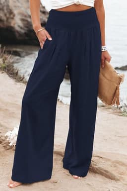image-Cross-Border Independent Station Amazon 2023 Spring and Summer Women's Clothing Cotton Linen Pure Color Elastic Waist Wide Leg Pants Casual Pants Trousers