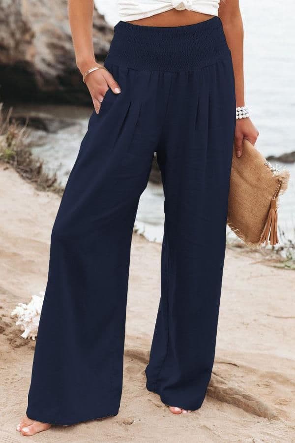 image-Cross-Border Independent Station Amazon 2023 Spring and Summer Women's Clothing Cotton Linen Pure Color Elastic Waist Wide Leg Pants Casual Pants Trousers