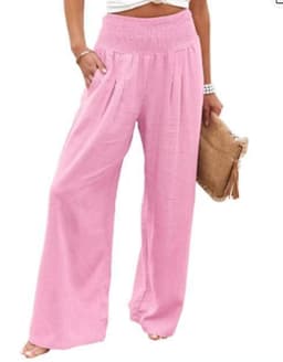 image-Cross-Border Independent Station Amazon 2023 Spring and Summer Women's Clothing Cotton Linen Pure Color Elastic Waist Wide Leg Pants Casual Pants Trousers
