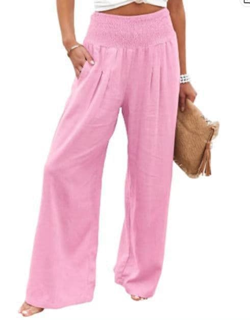 image-Cross-Border Independent Station Amazon 2023 Spring and Summer Women's Clothing Cotton Linen Pure Color Elastic Waist Wide Leg Pants Casual Pants Trousers