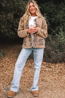 image-Casual Leopard Print Accent Plush Jacket with Pockets