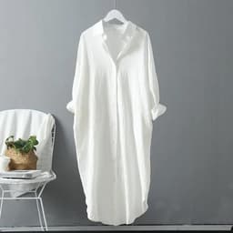 image-Cotton and linen sunscreen white shirt for women to wear as outerwear 2024 spring and summer new all-match loose casual tops mid-length shirt dress