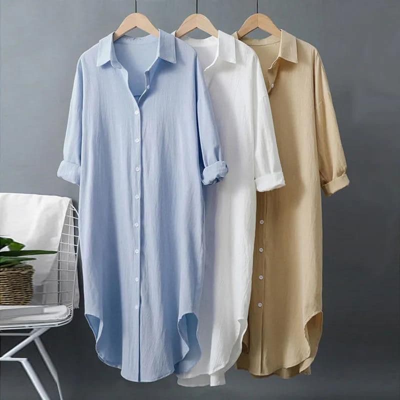 image-Cotton and linen sunscreen white shirt for women to wear as outerwear 2024 spring and summer new all-match loose casual tops mid-length shirt dress