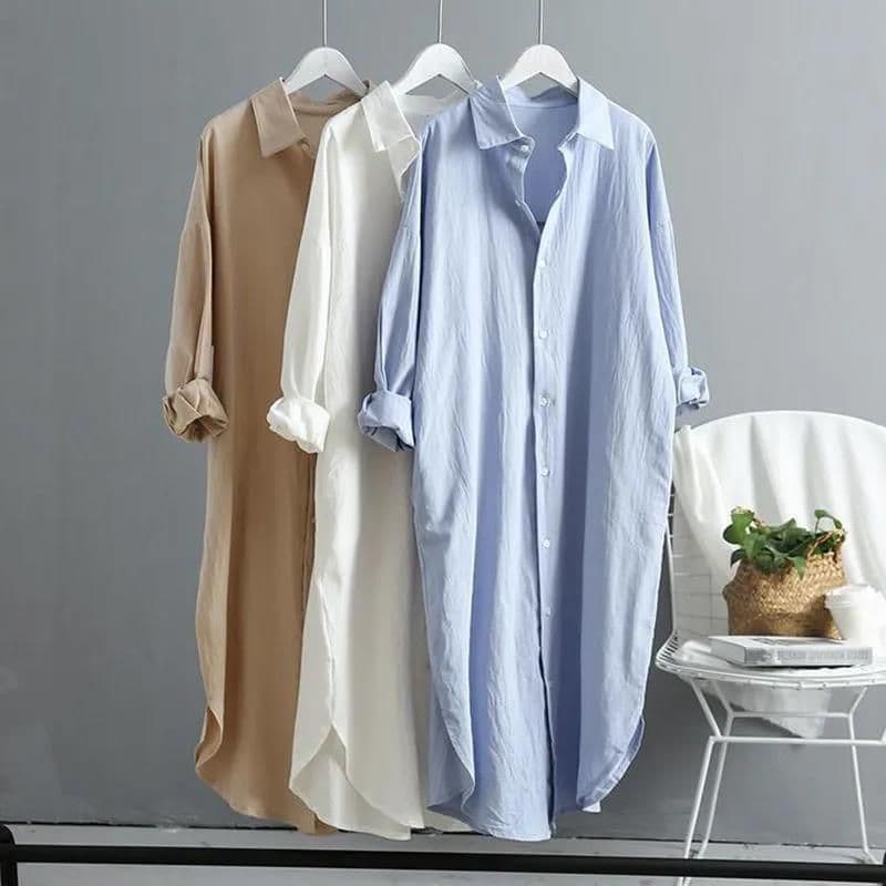 image-Cotton and linen sunscreen white shirt for women to wear as outerwear 2024 spring and summer new all-match loose casual tops mid-length shirt dress