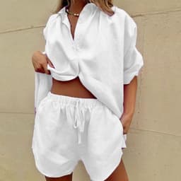 image-9548 Cross-Border New Arrival Foreign Trade Women's Clothing Solid Color Single-Breasted Short Sleeve Shirt Shorts Loose Fashion Casual Suit