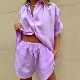 image-9548 Cross-Border New Arrival Foreign Trade Women's Clothing Solid Color Single-Breasted Short Sleeve Shirt Shorts Loose Fashion Casual Suit