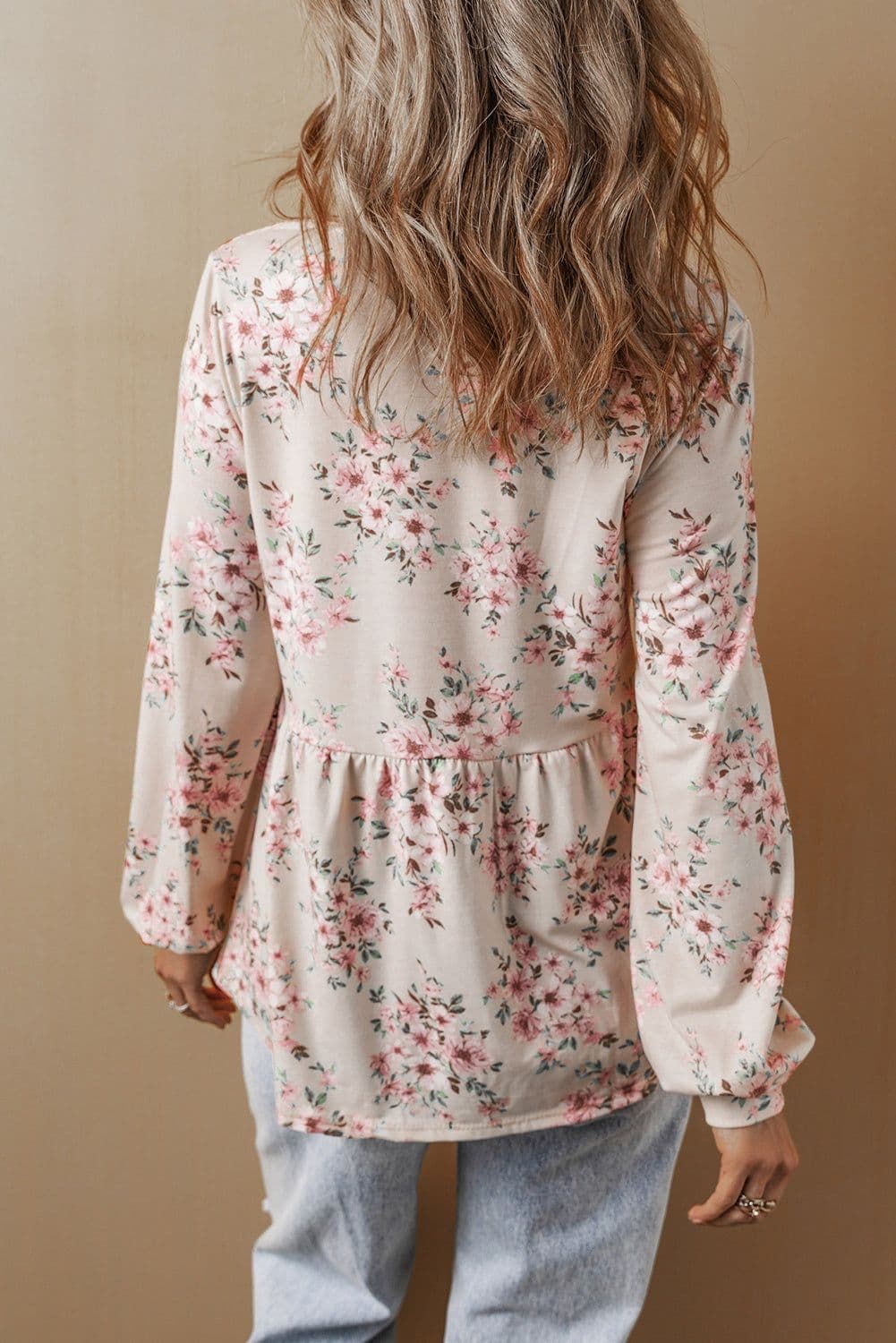 image-Pink Floral Pleated U Neck Loose Fit Blouse