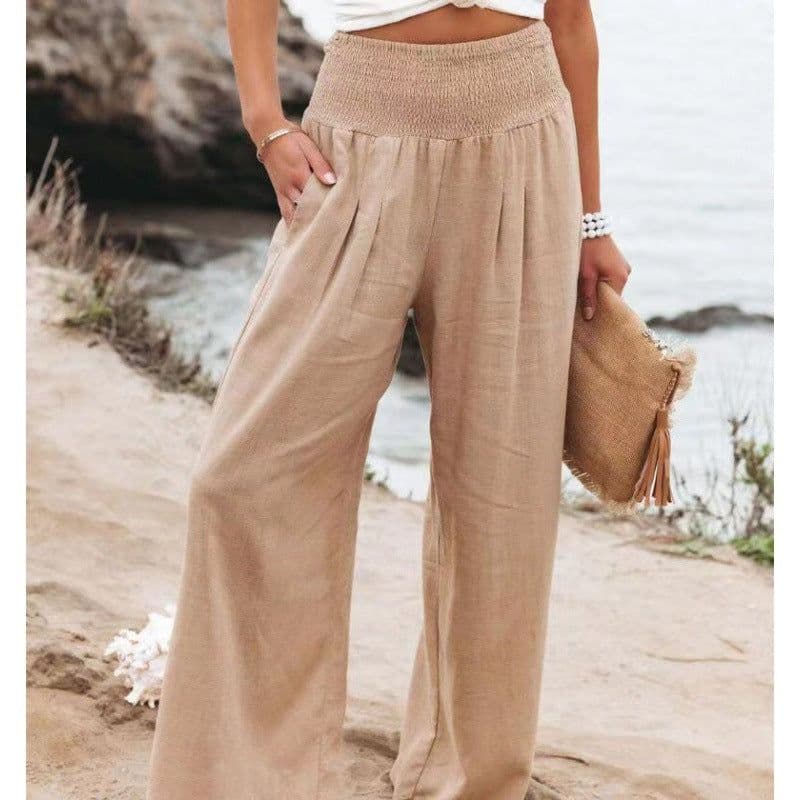 image-Wish Amazon 2023 European and American Style Women High Waist Pleated Trousers Loose Pockets Casual Beach Cotton Linen Wide Leg Pants