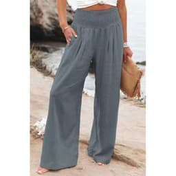 image-Wish Amazon 2023 European and American Style Women High Waist Pleated Trousers Loose Pockets Casual Beach Cotton Linen Wide Leg Pants