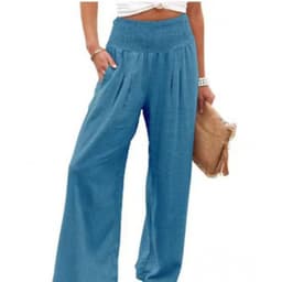 image-Wish Amazon 2023 European and American Style Women High Waist Pleated Trousers Loose Pockets Casual Beach Cotton Linen Wide Leg Pants