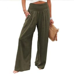 image-Wish Amazon 2023 European and American Style Women High Waist Pleated Trousers Loose Pockets Casual Beach Cotton Linen Wide Leg Pants