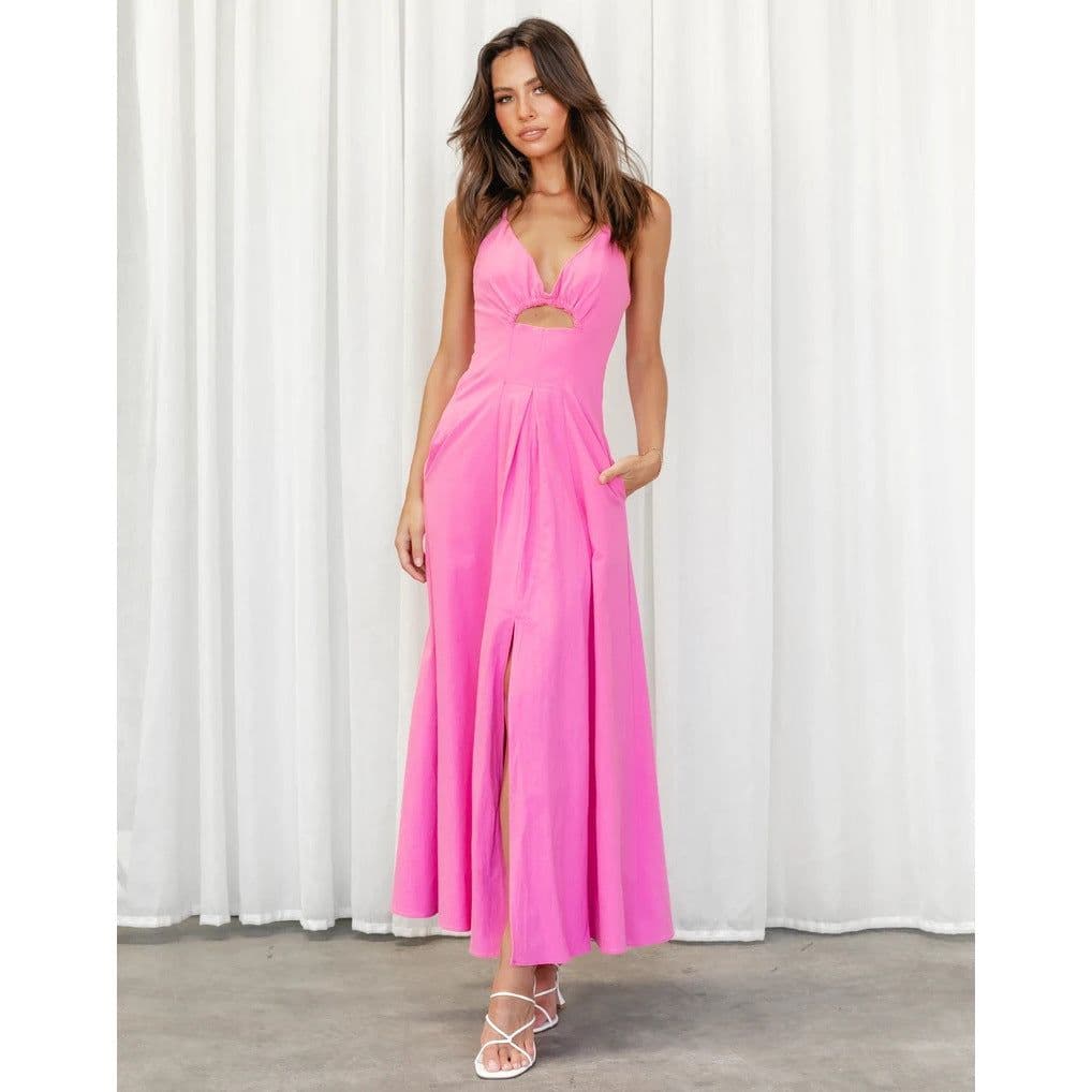 image-Europe and America Cross Border Spring and Summer 2022 New Solid Color Hem Split Fresh Sweet Solid Color Dress 22068