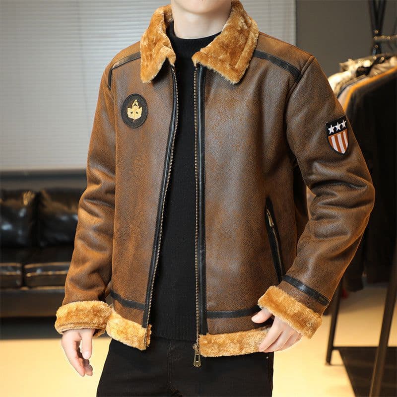 image-wish cross-border foreign trade new style plus velvet fur one-piece casual lapel young men's jacket winter large size jacket