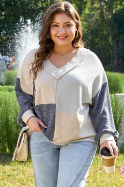 image-Plus Size Ashleigh Textured Colorblock Patchwork V Neck Top - Blue