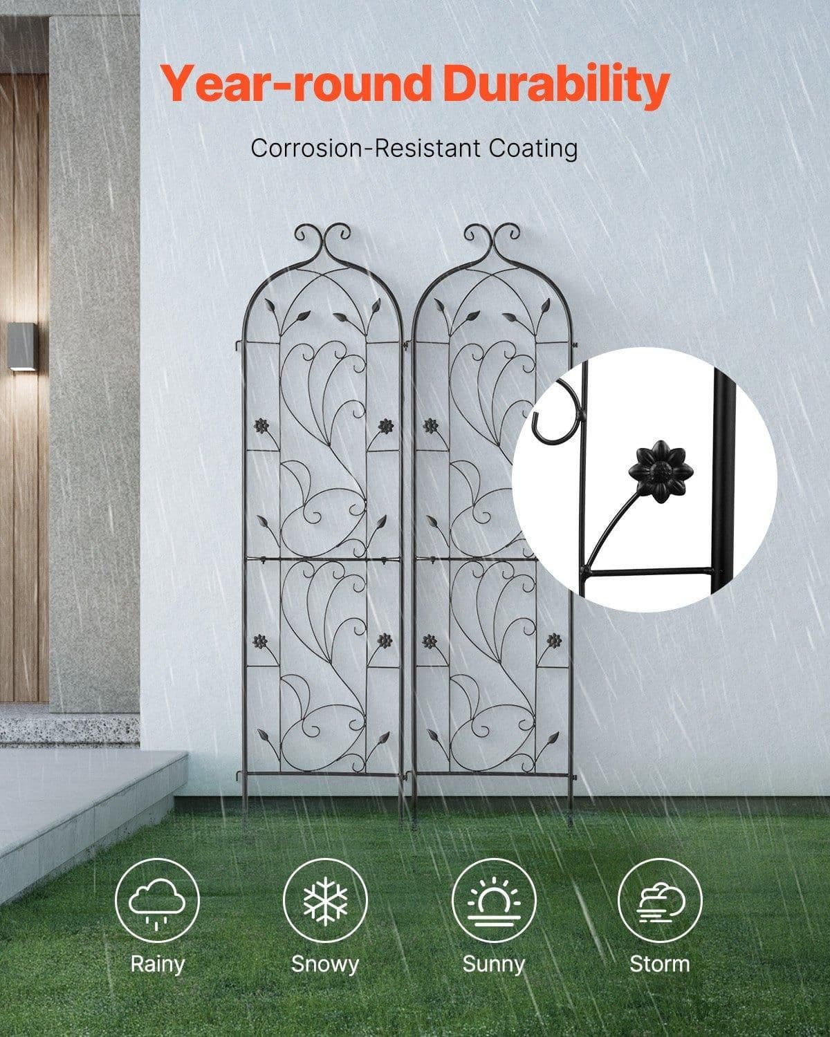 image-VEVOR Garden Trellis for Climbing Plants, 60 x 15 in, 2 Packs Rustproof Metal Garden Flower Trellis, Outdoor Climbing Rose Trellis Cucumbers Support, Decorative Clematis Trellis for Courtyards Lawns
