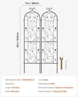 image-VEVOR Garden Trellis for Climbing Plants, 60 x 15 in, 2 Packs Rustproof Metal Garden Flower Trellis, Outdoor Climbing Rose Trellis Cucumbers Support, Decorative Clematis Trellis for Courtyards Lawns