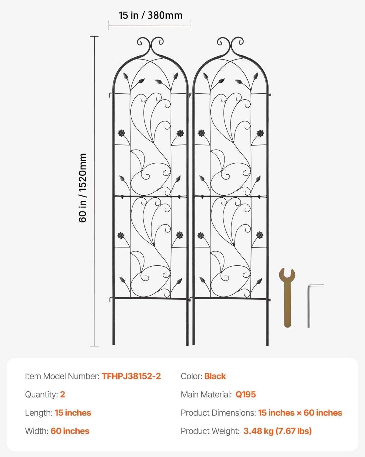 image-VEVOR Garden Trellis for Climbing Plants, 60 x 15 in, 2 Packs Rustproof Metal Garden Flower Trellis, Outdoor Climbing Rose Trellis Cucumbers Support, Decorative Clematis Trellis for Courtyards Lawns