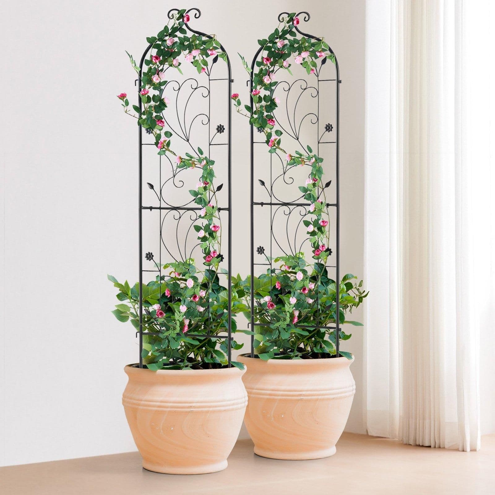 image-VEVOR Garden Trellis for Climbing Plants, 60 x 15 in, 2 Packs Rustproof Metal Garden Flower Trellis, Outdoor Climbing Rose Trellis Cucumbers Support, Decorative Clematis Trellis for Courtyards Lawns