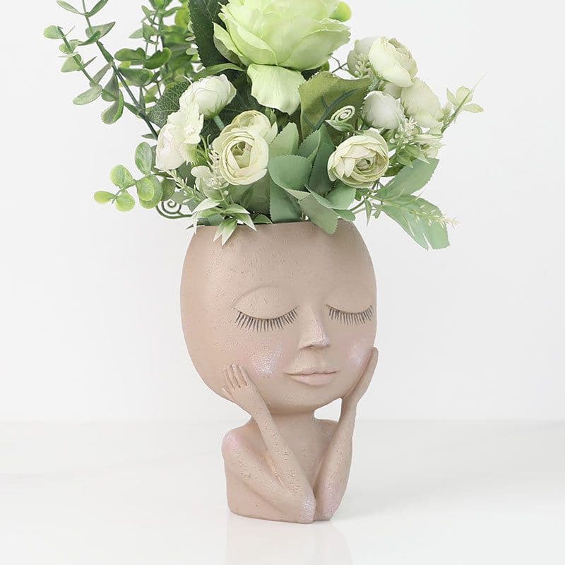 image-Closed-eyed doll character resin flower pot white creative art statue sculpture decoration Nordic style decoration wholesale