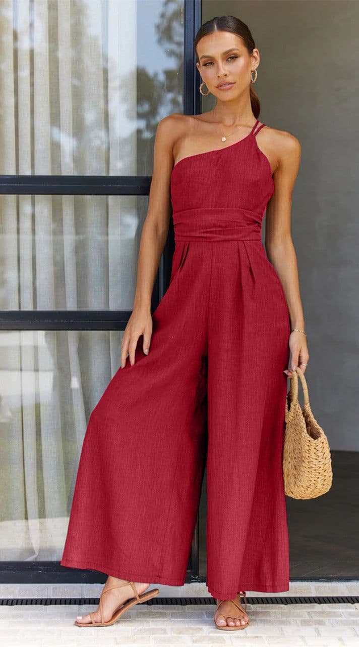 image-Spring and Summer 2022 Europe and America Cross Border New Solid Color Loose Wide Leg Cotton and Linen Jumpsuit 22105