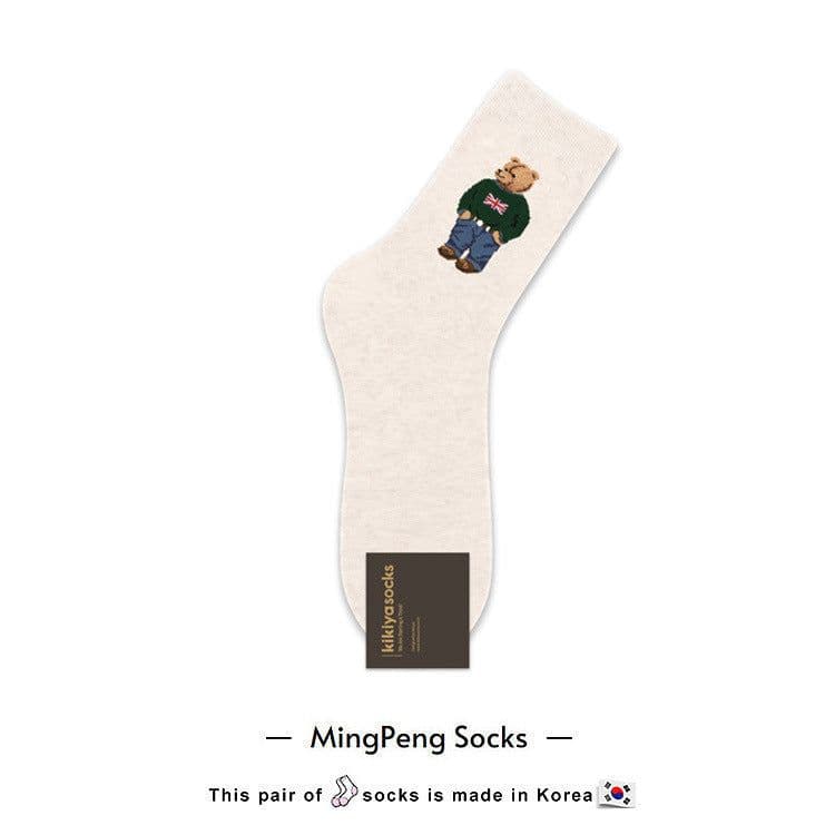 image-Korean Socks Men's Mid-waist Cotton Socks Cartoon Bear Business Casual Zhongtong Kikiya Spring New Style