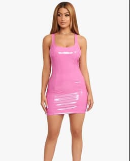 image-2022 color imitation leather dress zipper PU high elastic round neck one-piece short skirt four-sided elastic leather skirt package hip skirt