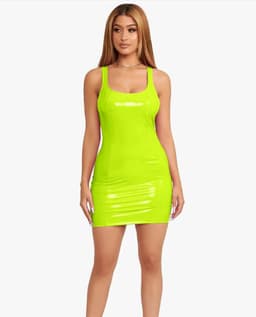 image-2022 color imitation leather dress zipper PU high elastic round neck one-piece short skirt four-sided elastic leather skirt package hip skirt