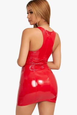 image-2022 color imitation leather dress zipper PU high elastic round neck one-piece short skirt four-sided elastic leather skirt package hip skirt