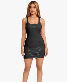 image-2022 color imitation leather dress zipper PU high elastic round neck one-piece short skirt four-sided elastic leather skirt package hip skirt