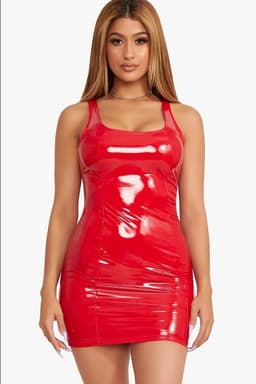 image-2022 color imitation leather dress zipper PU high elastic round neck one-piece short skirt four-sided elastic leather skirt package hip skirt