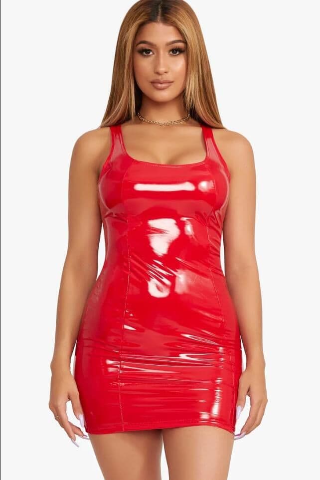 image-2022 color imitation leather dress zipper PU high elastic round neck one-piece short skirt four-sided elastic leather skirt package hip skirt