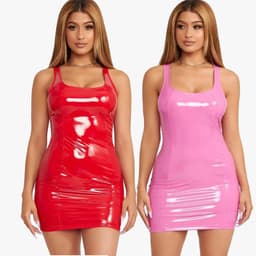image-2022 color imitation leather dress zipper PU high elastic round neck one-piece short skirt four-sided elastic leather skirt package hip skirt