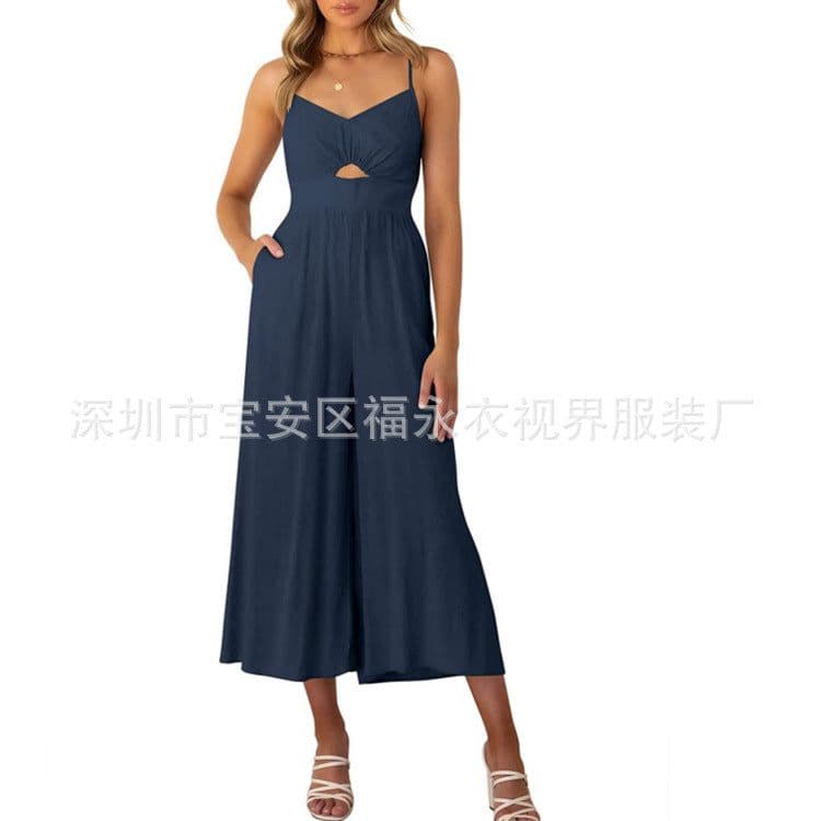 image-Amazon Wish2023 European and American Summer V-neck Brace Hollow Pleating High Waist Wide Leg Pocket Women's Jumpsuit