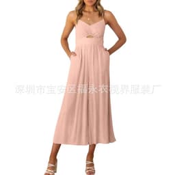 image-Amazon Wish2023 European and American Summer V-neck Brace Hollow Pleating High Waist Wide Leg Pocket Women's Jumpsuit