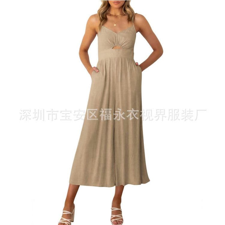 image-Amazon Wish2023 European and American Summer V-neck Brace Hollow Pleating High Waist Wide Leg Pocket Women's Jumpsuit