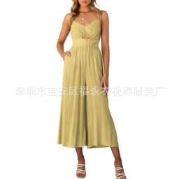 image-Amazon Wish2023 European and American Summer V-neck Brace Hollow Pleating High Waist Wide Leg Pocket Women's Jumpsuit
