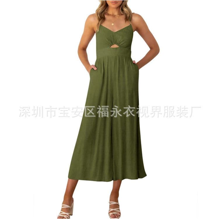 image-Amazon Wish2023 European and American Summer V-neck Brace Hollow Pleating High Waist Wide Leg Pocket Women's Jumpsuit