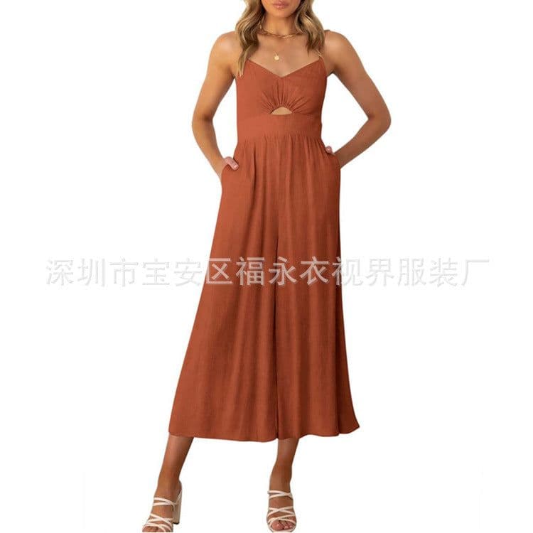 image-Amazon Wish2023 European and American Summer V-neck Brace Hollow Pleating High Waist Wide Leg Pocket Women's Jumpsuit